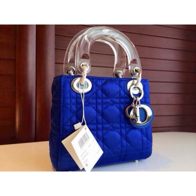 Fake Latest Dior Lady Sapphire Blue Default Leather Cannage Quilted Tote Bag Transparent Top Handle   