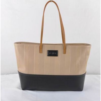 Fendi High End Calfskin Leather Apricot-Black Female Shopping Bag Rectangel Logo Label 