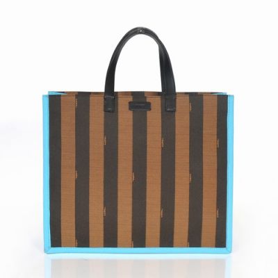 Large Fendi Coffee-Light Blue Waterproof Fabric Striped Ladies Shopping Bag Black Leather Flat Top Handle 