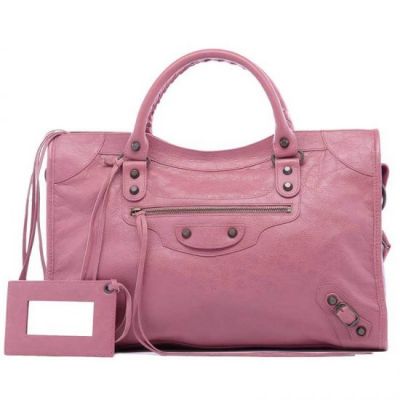 2017 Spring Baleciaga Rose Gold Studs Ladies Pink Classic City Handbag Leather Tassel Outline 