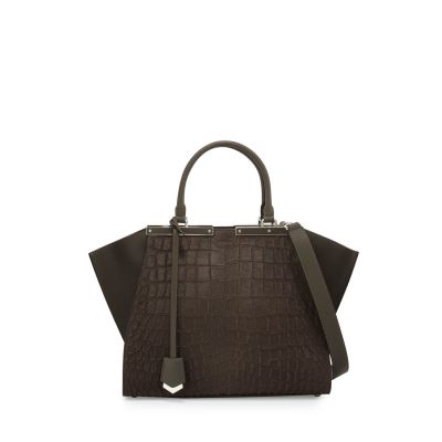 Fashion Fendi 3 Jours Coal Gray Croco-embossed Calf Hair Shoulder Bag Smooth Leather Handle & Gusset For Girls 