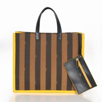 Fendi Ladies Coffee-Yellow Striped Waterproof Fabric Flat Clone Tote Bag With Removable Zipper Purse 
