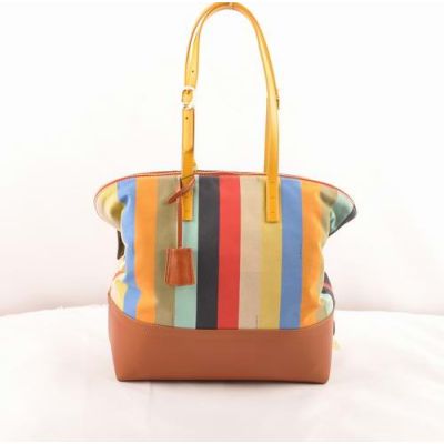 Fendi Multicolor Striped Fabric & Brown-Yellow Leather Flat Handle Female Shopping Bag Brass Zipper With Padlock 