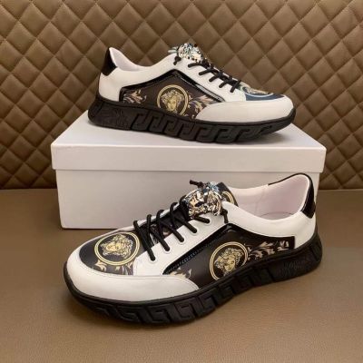 Versace Silver Plated Medusa Stud Gold Logo Pattern Rubber Sole Mens Black & White Leather Pathwork Sneakers