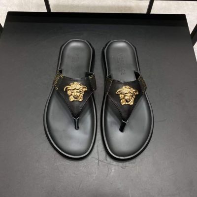 Versace Summer Fashion Yellow Gold Medusa Stud Logo Pattern Classic Black Leather Flat Slippers For Men