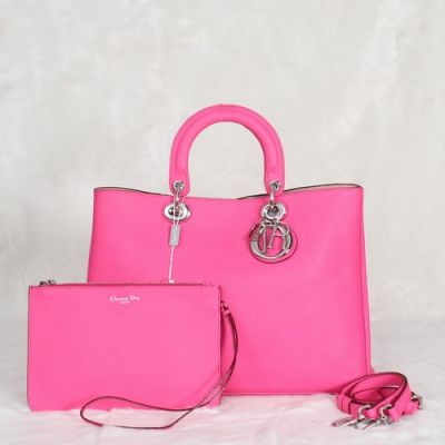 Pink Imported Grained Leather Dior "Diorissimo" Totes Bag Silver Hardware With Zipper Bag For Girls 