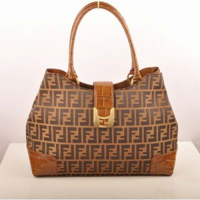 Fendi F Pattern Coffee Fabric Ladies Chameleon Handbag Crocodile Leather Handle & Flip-over Flap Brass Buckle 