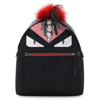 Fendi Red Fox-Fur Pink Leather & Elaphe Inlays Ladies Double-Zip Bugs Eyes Black Backpack 8BZ0357ZPF03B0