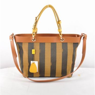 Women's Fendi Coffee Striped Waterproof Fabric With Yellow-Brown Leather Zipper Tote Bag Handle With Buckle 