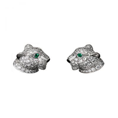 Panthere de Cartier Stud Earrings Replica N8050700 White Gold Diamonds Emeralds Celebrity Style India