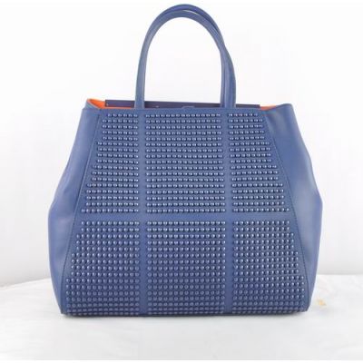 Good Reviews Fendi Blue Saffiiano Leather Studded Bolt 2Jours Tote Bag Leather Trimming For Ladies Spring 