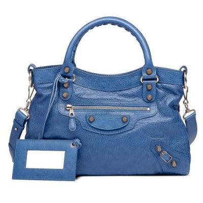 Street Style Balenciaga Giant Town Rose Gold Studs Adjustable Shoulder Strap Womens Blue Leather Handbag 