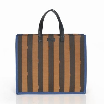 Fendi Coffee-Dark Blue Striped Waterproof Fabric Ladies Flat Top Handle Tote Bag For Shopping 