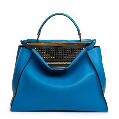 Cheapest Fendi Roya Blue Womens Peekaboo Studded Large Clone Handbag Black Edge Brass Hardware 