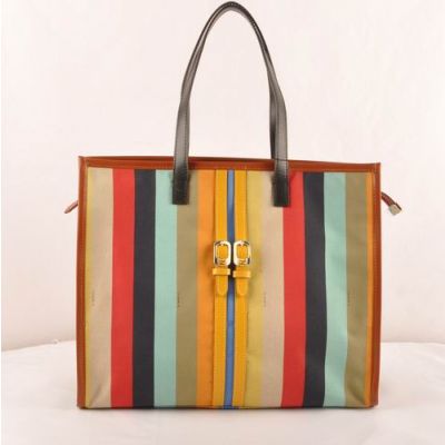 Fendi Yellow-Black Leather & Colorful Fabric Striped Shopping Totes Double F Buckle Trimming For Ladies 
