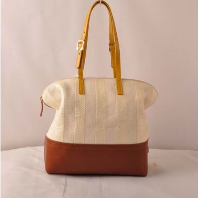 Simple Fendi Brown-Orange Leather & Beige Striped Linen Womens Zipper Totes Flat Handle With Brass Buckle 