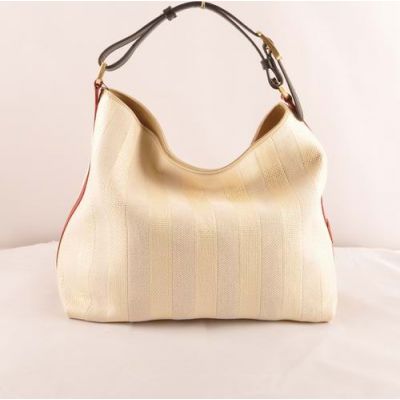 Latest Fendi Ladies Beige Striped Linen Large Tote Bag Red-Balck Leather Strap With Double F Buckle 
