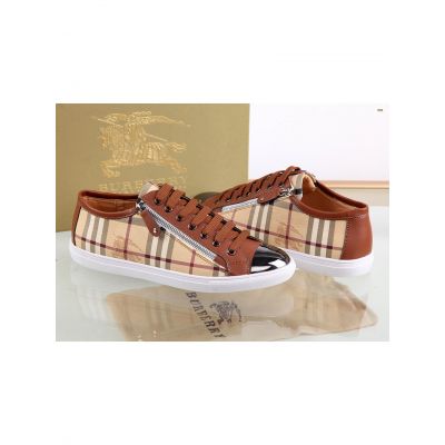 Men's Spring Burberry Fabric Check & Calfskin Leather Zipper Design Low-Top Lace-Up Fake Trainers 