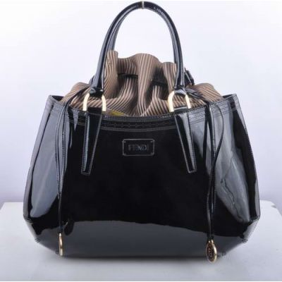 Women's Classic Fendi B Fab Black Patent Leather Top Handle Scoopy Tie Top Bag Curved Base 