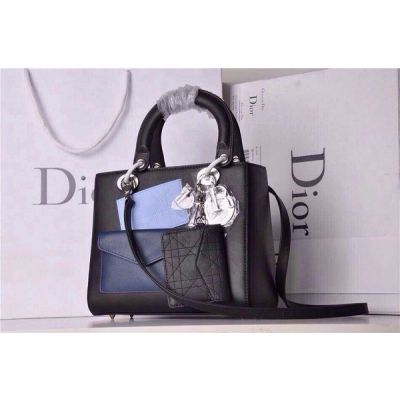 Classics Black Silver Hardware Dior Lady Leather Clone Totes Navy Front Pocket Small Flap Bag 