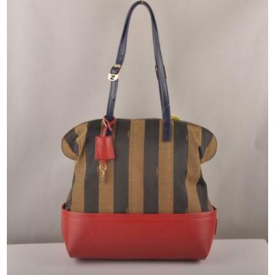 Fendi Yellow Brass Zipper With Padlock Red-Black Leather & Coffee Striped Fabric Shopping Tote Bag UK 