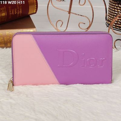 Fake Dior Golden Hardware Purple-pink Smooth Leather Zipper Wallet 20CM x 11CM  