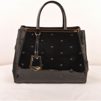 Cheapest Fendi 2Jours Studded Black Medium Top Handle Shoulder Bag Patent Leather & Horsehair Leather For Girls 