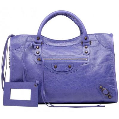High Quality Balenciaga Leather Tassel Zipper Front Pocket Ladies Classic Studs City Tote Bag Purple 