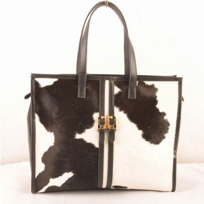 Fendi Black Ferrari Leather & Black-White Cowhair Leather Flat Handle Zipper Shopper Bag Belt-Buckle Trimming 