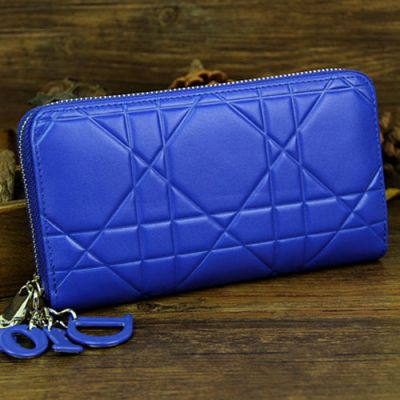 Hot Selling Dior Escapade Sapphire Blue "Lady Dior" Leather Long Zipper Wallet Blue D.I.O.R Charm Replica 