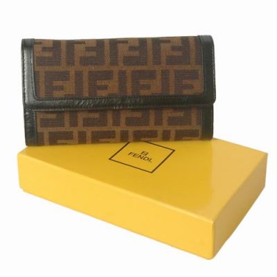 Fendi Black Oil Leather & F Print Brown Fabric Female Many Card Slots Long Tri-fold Wallet 
