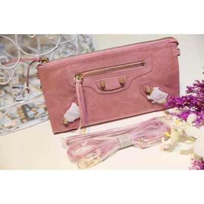 Celebrity Style Balenciaga Pink Leather Classic Envelope Yellow Brass Studs Ladies Default Wallet Paris 