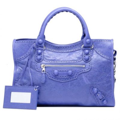Balenciaga Giant City Bleu Lavande Silver Zipper Pocket Ladies Leather Studs Brogues Crossbody Bag Replica 