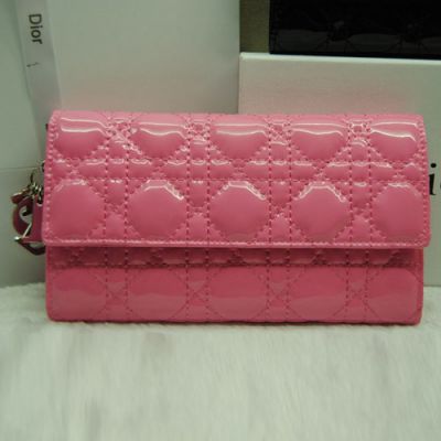 Replica Dior Pink In Patent Leather Lady Dior Silver D.I.O.R Charm Cannage Wallet Online Sale   