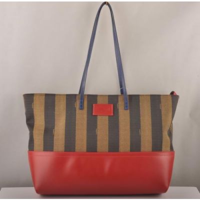 Fendi Red-Blue Calfskin Leather Womens Colorful Striped Fabric Zipper Shopper Bag Slim Strap For Sale 