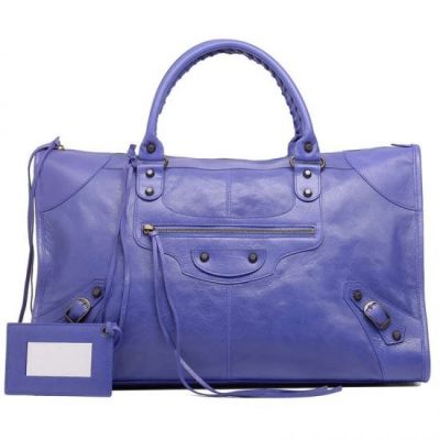 Blue Lavande Balenciaga Classic Work Top Handle Zipper Closure Ladies Shoulder Bag Leather Framed Hand Mirror