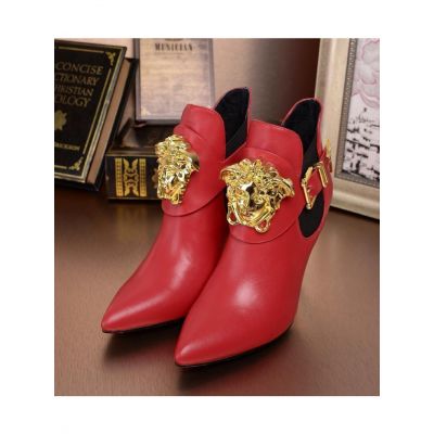 Hyperbole Versace Palazzo Brass Slim Heels Golden Buckle Womens Pointy Toe Red Calfskin Leather Medusa Boots 