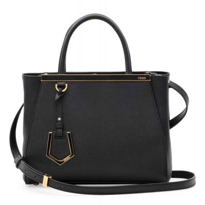 Chic Fendi Ladies 2Jours Black Leather Petite Trapeze Bag Top Handle Yellow Gold Hardware Replica 
