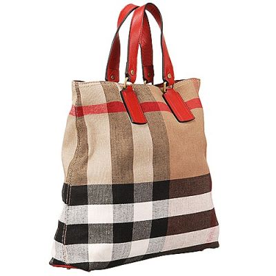 Best Burberry Womens Medium Canvas Check Fake Tote Bag Red Handle