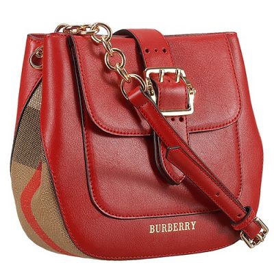 Fashion Womens Red Leather Burberry Buckle Medium House Check Crossbody Bag 