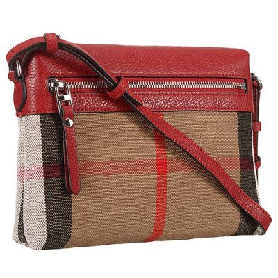 Burberry Ladies House Check Red Grained Leather Trim Clone Crossbody Bag 