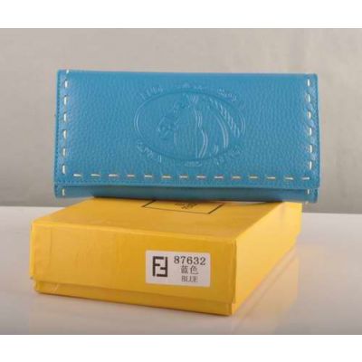 Imitation Fendi Horse Stamped Many Card Slots Ladies Light Blue Calfskin Leather Long Flap Wallet 