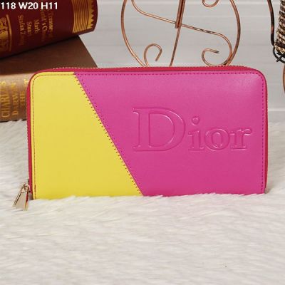 Bi-color Peach-Yellow Dior Golden Zipper Ladies Wallet Dior Logo Surface