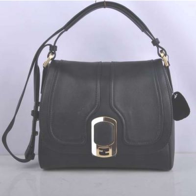 Women's Fendi Chameleon Black Original Leather Flap Messenger Bag Silver Double F Snap Button 