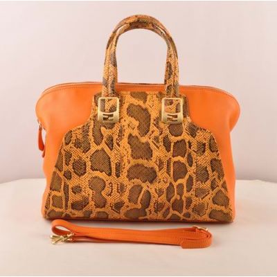 Fendi Orange Snake Veins & Ferrari Leather Flat Top Handle Ladies Chameleon Handbag Yellow Brass Hardware 