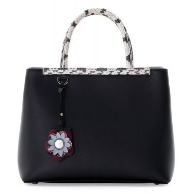 Fendi Fashion Elaphe-Trimmed Black Smooth Leather Petite 2Jours Satchel Bag Flower Pandent 8BH2539JMF08OK