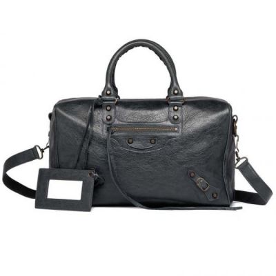 Classic Balenciaga Ladies Aged Brass Hardware Anthracite Leather Polly Handbag Leather Framed Hand Mirror
