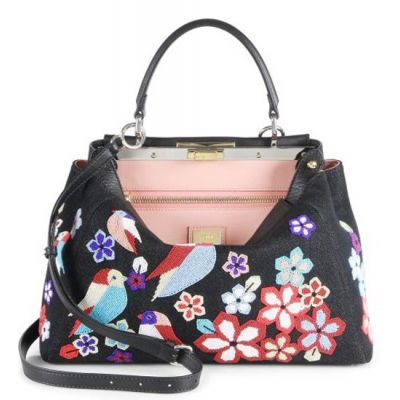 Fendi Peekaboo Colorful Birds & Flowers Embroidery Pattern Single Flat Handle Black Denim Ladies Shoulder Bag  