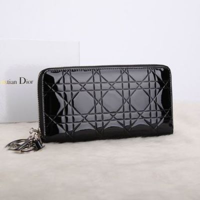Dior "Lady Dior" Classic Black Patent Leather Escapade Zip Around Wallet Polished Hardware Price Paris 