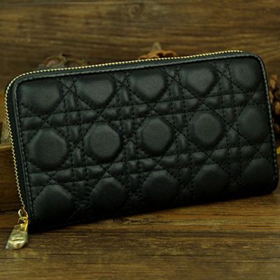 Lady Dior Classic Black Cannage Quilted Long Wallet Yellow Brass Zipper Sheepskin Leather 